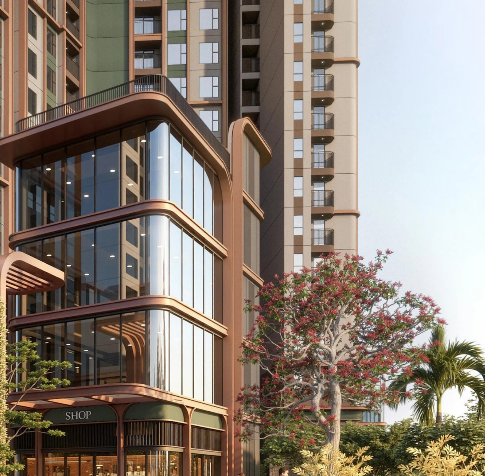 Phối cảnh khối đế thương mại, mái bo tròn và mảng xanh Norton Park