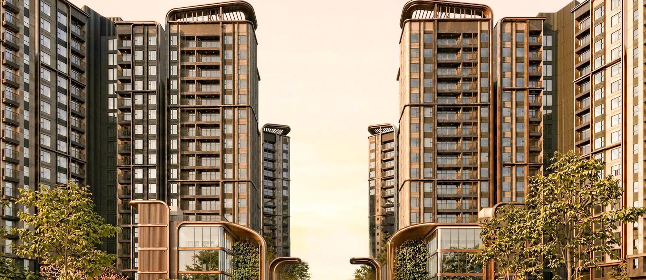 Phối cảnh trục phố đi bộ giữa các tòa tháp Norton Park trong ánh sáng hoàng hôn